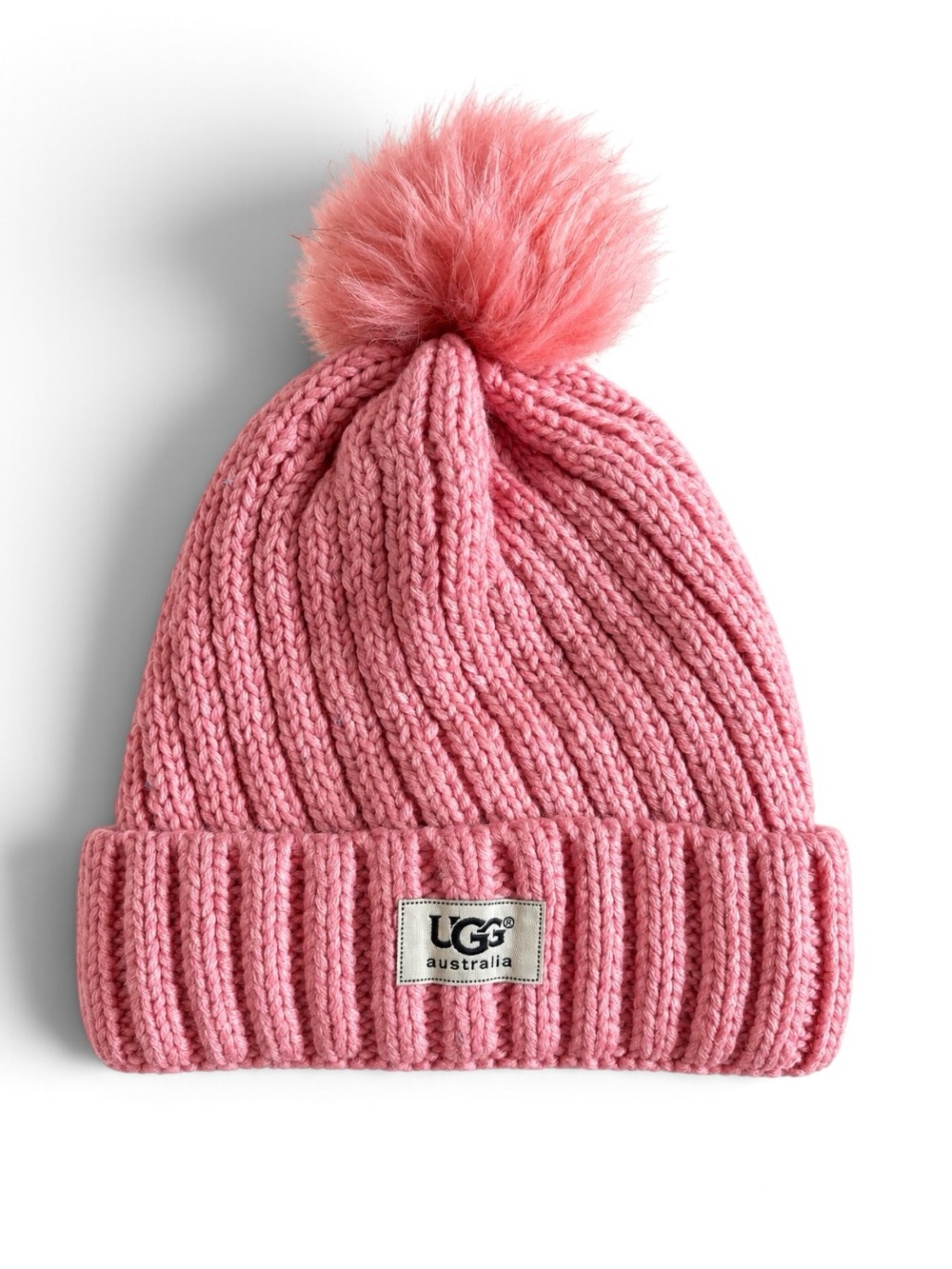 UGG Australia Chunky Knit Pom Pom Beanie Hat Faux Fur Lined Pink One Size